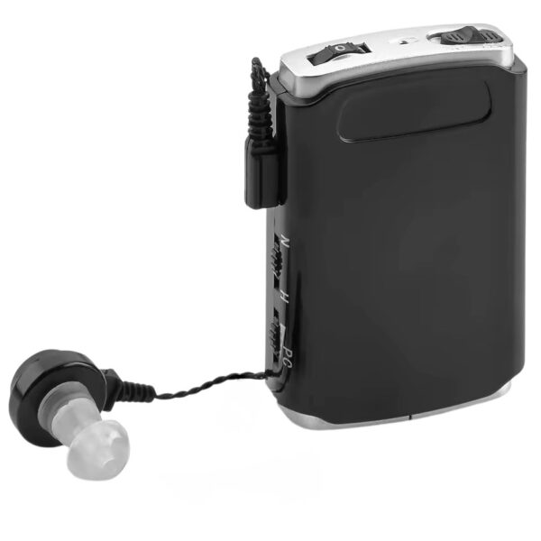 Amplificador auditivo portátil recarregável com auricular, ajuste de volume e redução de ruído para idosos