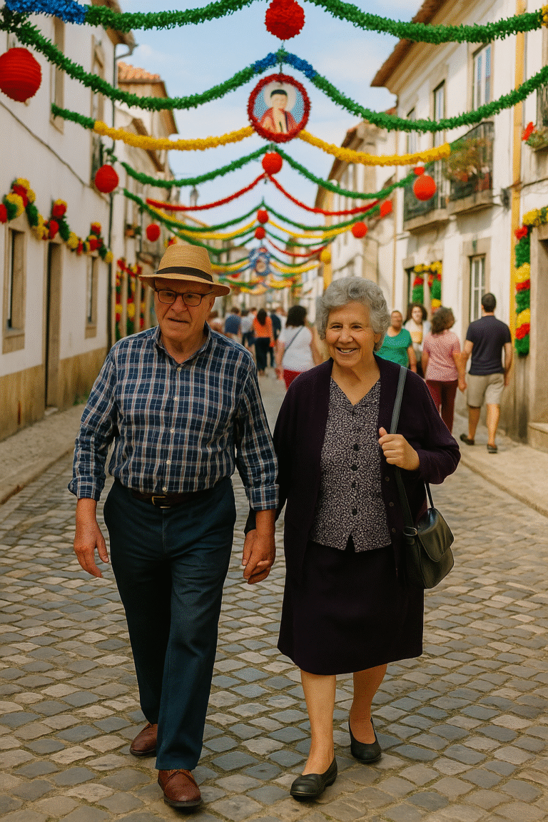 Casal sénior caminha de mãos dadas por rua decorada nas festas populares em Portugal, representando alegria e envelhecimento ativo.