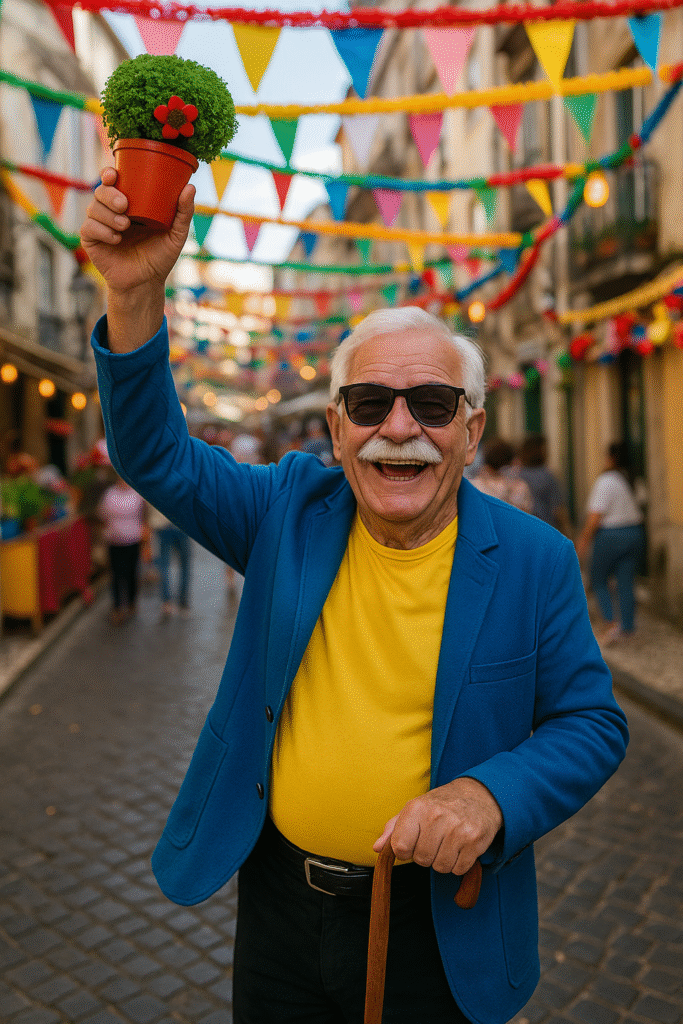 Idoso sorridente levanta manjerico durante as Festas Populares em Portugal
