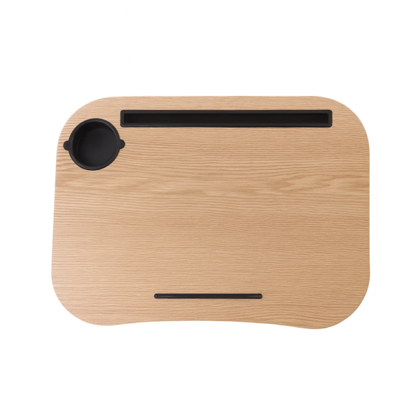 Mesa de colo com alça, almofada e suporte para caneca