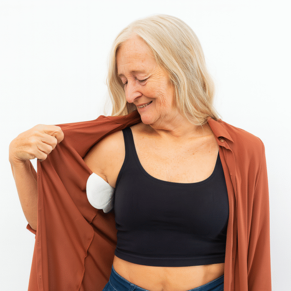 V0101122-Adesivo Antimanchas de Suor para Idosos - Hipoalergénico e Discreto Mulher idosa aplicando adesivo antisuor e manchas, descartável para axilas com conforto e discrição