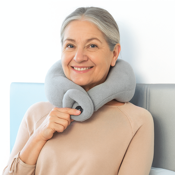 V0100949Almofada Cervical Massajadora Newor InnovaGoods para Idosos Idosa sorridente usando almofada cervical massajadora Newor InnovaGoods cinzenta, relaxando sentada