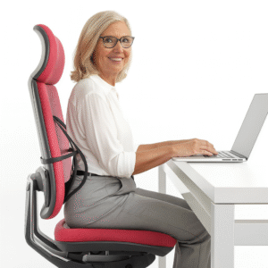Idosa sorridente usando cadeira ergonómica com apoio lombar enquanto trabalha no computador