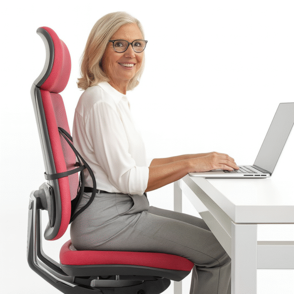 Cadeira ergonómica com apoio lombar para idosos Idosa sorridente usando cadeira ergonómica com apoio lombar enquanto trabalha no computador