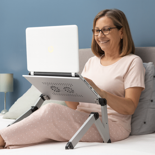 V0103206bMesa Multi-Posições Omnible InnovaGoods Mulher madura usando mesa multi-posições Omnible InnovaGoods para portátil, confortável e ergonómica em casa