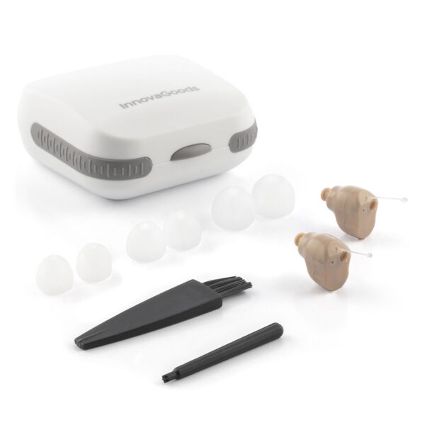 Conteúdo do Kit Hearzy com Estojo e 2 Amplificadores Auditivos Kit completo com amplificadores auditivos, estojo e acessórios de limpeza