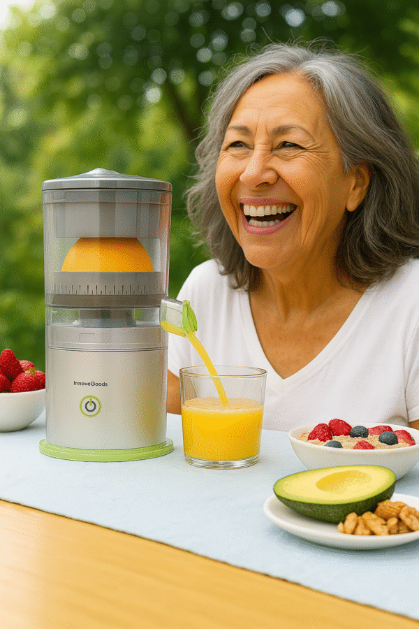 Espremedor Juisso portátil para idosos com extração automática Espremedor Juisso com idosa sorrindo, portátil e fácil de usar