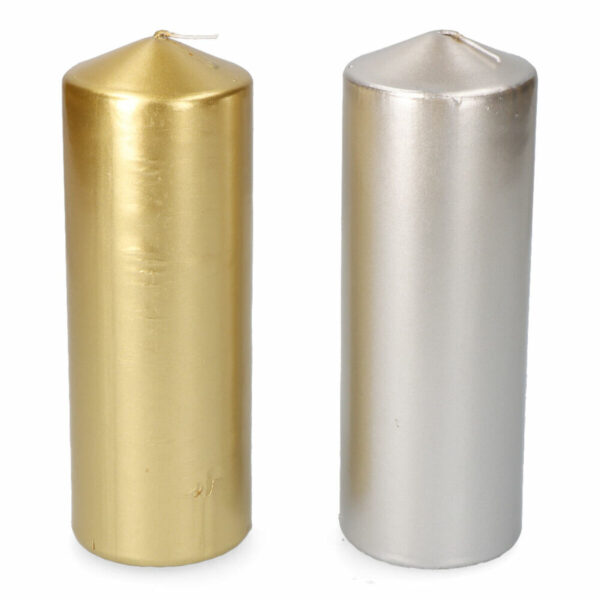 Vela Decorativa Pilar Metálica Dourada e Prateada – Luz Suave e Aroma Agradável Vela decorativa pilar metálica dourada e prateada com luz suave e aroma relaxante, ideal para idosos