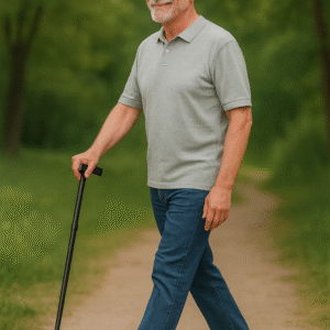 Homem idoso caminhando com bastão de apoio Reha Fund em ambiente natural, vista completa
