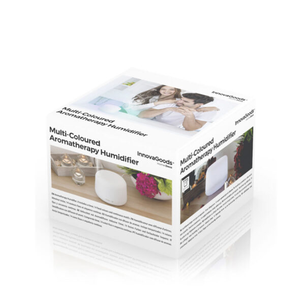 Embalagem Difusor Ultrassónico Branco LED – Aromaterapia e Purificação do Ar Caixa do difusor de aromas ultrassónico branco com luz LED e acessórios