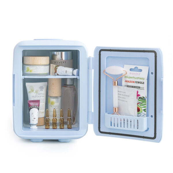 Mini Frigorífico Portátil 4L InnovaGoods Aberto – Quente e Frio para Cosméticos Mini Frigorífico Portátil InnovaGoods 4L aberto com cremes, loções e cosméticos armazenados em temperatura ideal quente ou fria