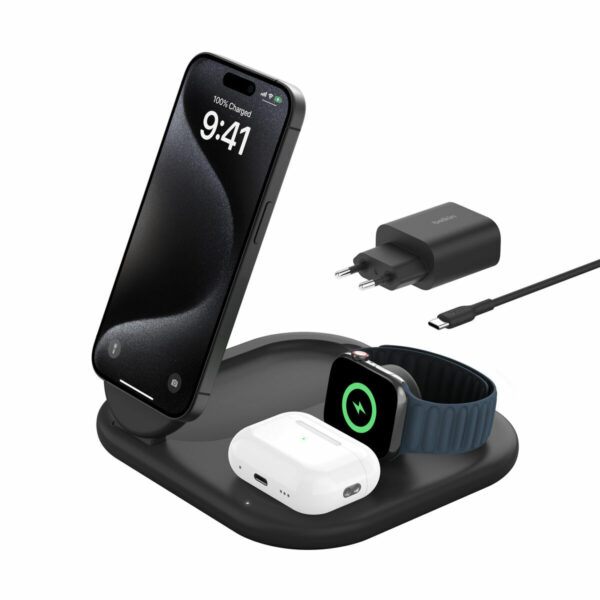 Belkin BoostCharge 3-em-1 Qi2 15W — WIZ029VFBK (Preto) Carregador sem fios Belkin BoostCharge 3-em-1 Qi2 15W WIZ029VFBK — iPhone, Apple Watch e AirPods — dobrável