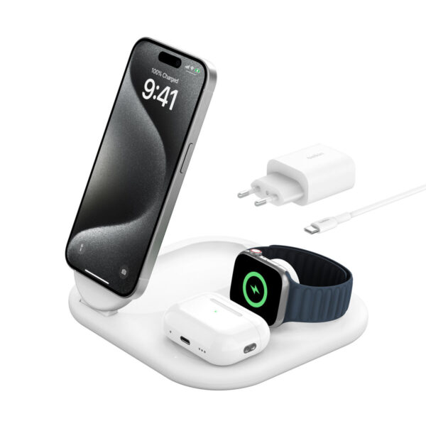 Carregador Sem Fios Belkin 15W Qi – Rápido, Seguro e Compacto Carregador sem fios Belkin 15W Qi branco com LED indicador e base antiderrapante