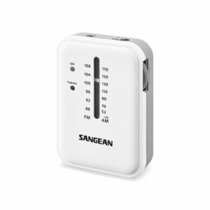 Rádio Portátil Sangean – AM/FM (Branco) Rádio portátil Sangean branco de bolso, AM/FM analógico