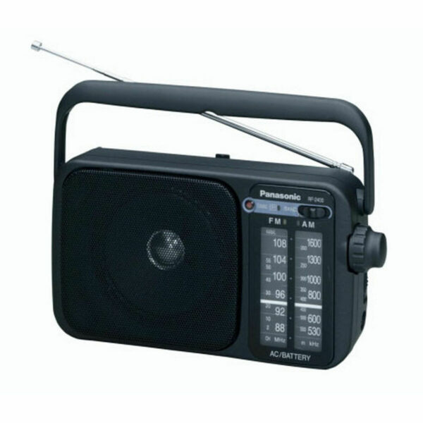 Rádio portátil Panasonic RF-2400D preto com pega, escala AM/FM e antena telescópica