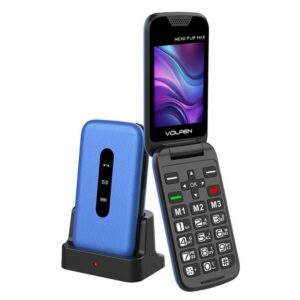 Telefone móvel flip azul para idosos Volfen Nexo com base de carregamento