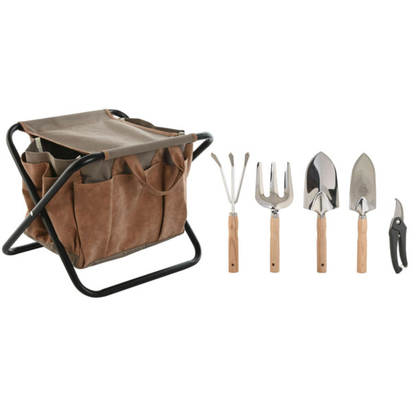 S3054480_0Kit Jardinagem 7 Peças – Banqueta + Bolsa Poliéster + Ferramentas em Alumínio Kit de jardinagem Home ESPRIT 7 peças com banqueta dobrável, bolsa em poliéster e ferramentas em alumínio