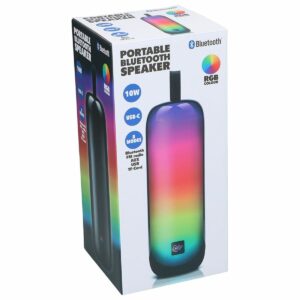 Altifalante Bluetooth Portátil 10W Multicolor LED USB-C TWS Altifalante Bluetooth portátil 10 W multicolor com luzes LED, TWS, USB-C/USB-A e alça — leve e simples para idosos