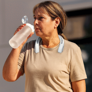 Mulher espanhola madura usando ventilador de pescoço branco Aktive recarregável enquanto bebe água ao ar livre, ideal para idosos