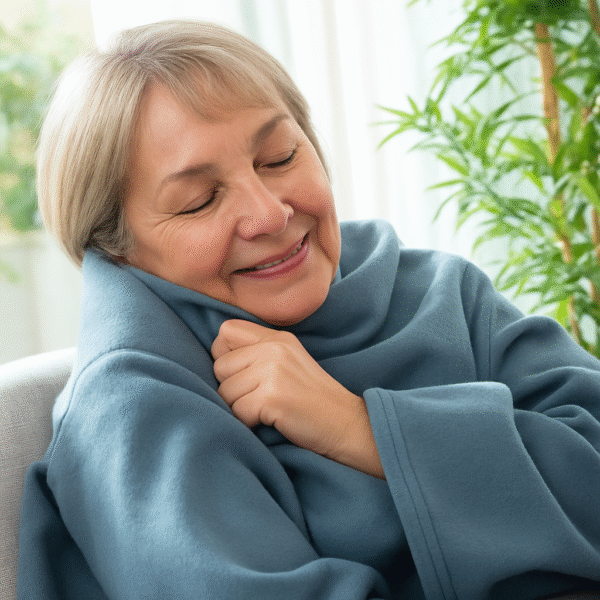 Mulher madura relaxa com manta com mangas azul InnovaGoods em ambiente acolhedor.