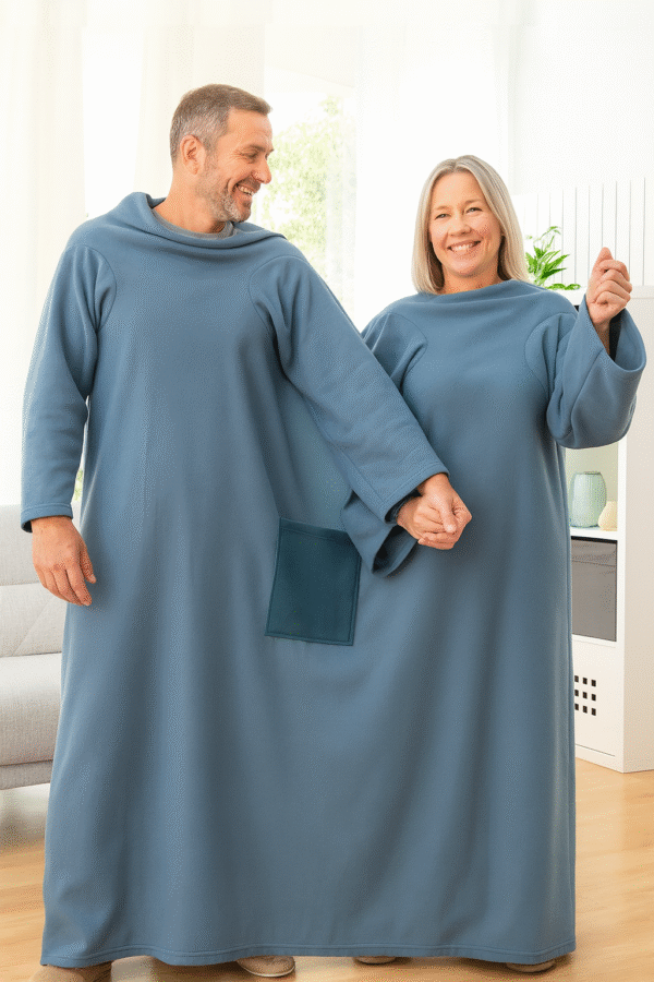 Casal entre 50 e 60 anos sorrindo no sofá com cobertor duplo azul InnovaGoods, ideal para conforto, inverno e relaxamento.