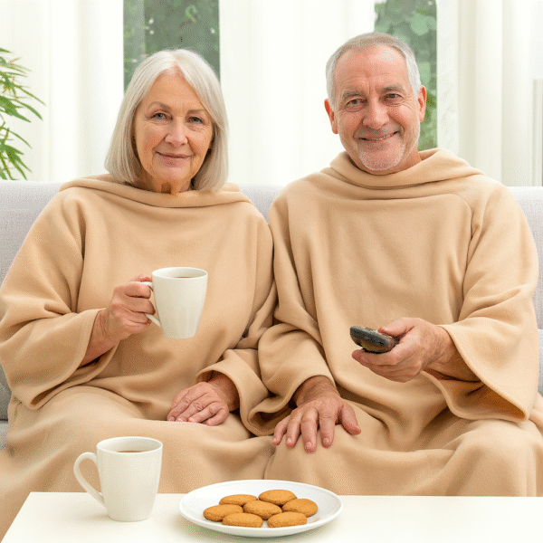 Casal de 50–60 anos no sofá usando manta com mangas dupla bege InnovaGoods, a beber chá; prato de bolachas na mesa