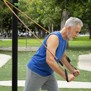 V0103182bConjunto de Elásticos de Resistência com Acessórios – ReBainer Homem idoso a treinar com elásticos de resistência ajustáveis – exercício seguro e portátil