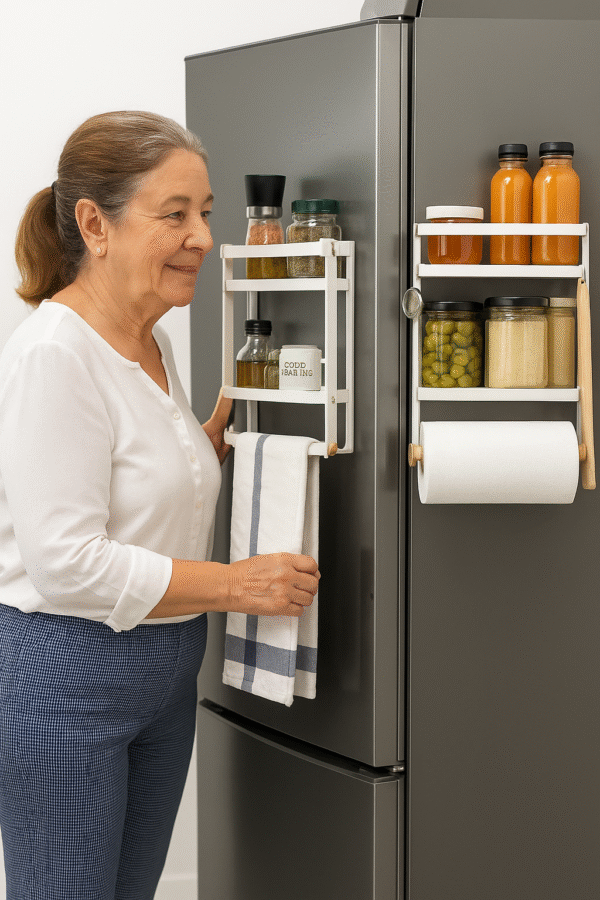V0103239Prateleira Organizadora Magnética MagoRac InnovaGoods Mulher em frente a uma Prateleira Organizadora Magnética MagoRac InnovaGoods – Organização e Versatilidade para a Cozinha