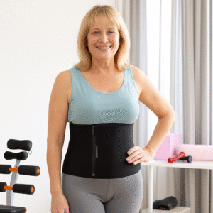 V0103393dCinta Desportiva Adelgaçante Efeito Sauna Redle InnovaGoods – Correção de Postura e Queima de Gordura Mulher madura a usar cinta desportiva adelgaçante com efeito sauna Redle InnovaGoods para treino em casa.