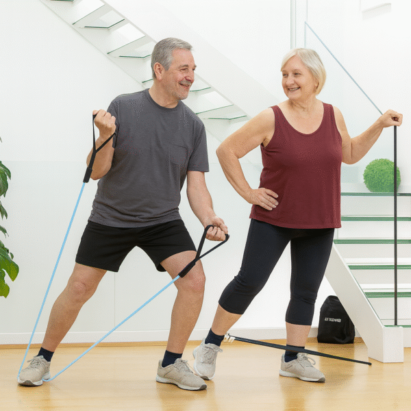 V0103411Casal sénior com Elásticos de Resistência – Kit de Exercícios InnovaGoods Casal sénior a treinar com elásticos de resistência em casa – fitness para idosos, mobilidade e fortalecimento muscular InnovaGoods