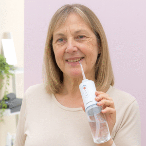 V0103481aIrrigador Oral Portátil Denter InnovaGoods – 220 ml, 3 modos, bateria 2000 mAh Mulher de meia-idade utilizando irrigador oral portátil recarregável InnovaGoods, mostrando sorriso saudável e higiene oral eficiente.