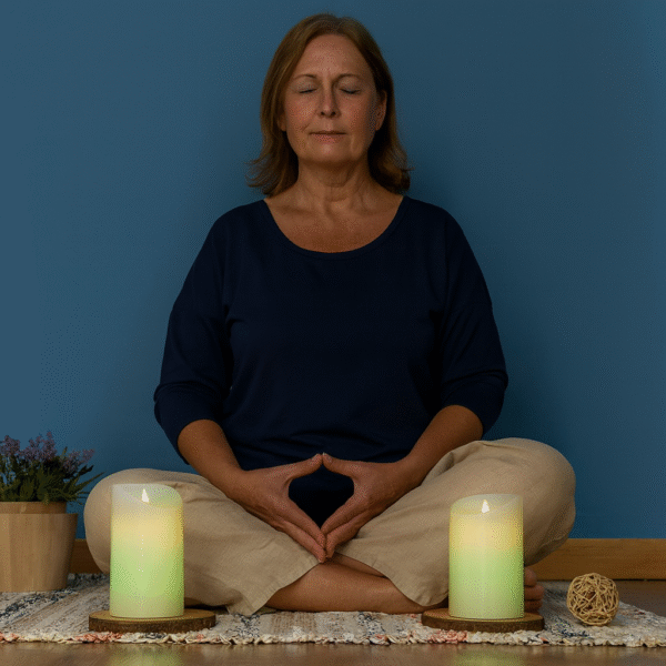 V0103781aVelas LED Multicor com Efeito Chama Decorativas InnovaGoods Mulher meditando com velas LED multicolor acesas, ambiente relaxante e decorativo ideal para bem-estar.