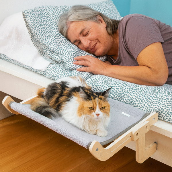 V0103797aRede Suspensa para Gatos Hamacat InnovaGoods – Conforto e Segurança Mulher madura a dormir com gato sobre rede suspensa Hamacat InnovaGoods junto à cama, ambiente acolhedor e natural