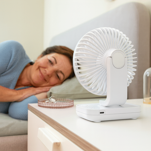 V0103855aVentoinha de Secretária Recarregável Silenciosa InnovaGoods Mulher madura descansando com ventoinha de secretária recarregável branca ao lado da cama, ambiente calmo e iluminado