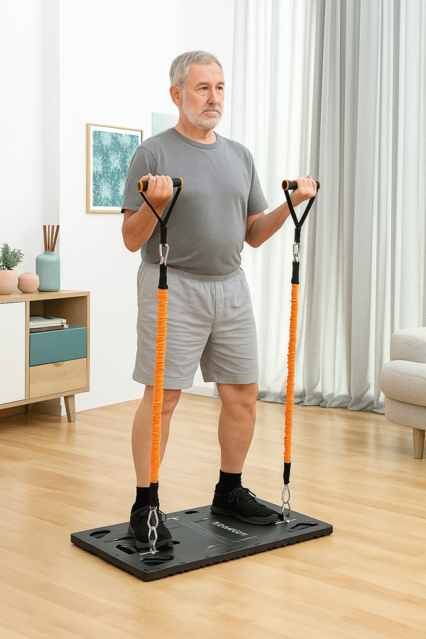 V0704248bTreino em Pé com Gympak Max InnovaGoods – Sistema Portátil Homem a treinar em pé com barras elásticas no Sistema de Treino Integral Portátil Gympak Max InnovaGoods