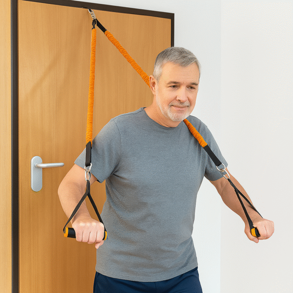 V0704248cSistema de Treino Portátil Gympak Max InnovaGoods com elásticos Homem a treinar com elásticos do Sistema de Treino Integral Portátil Gympak Max InnovaGoods preso à porta