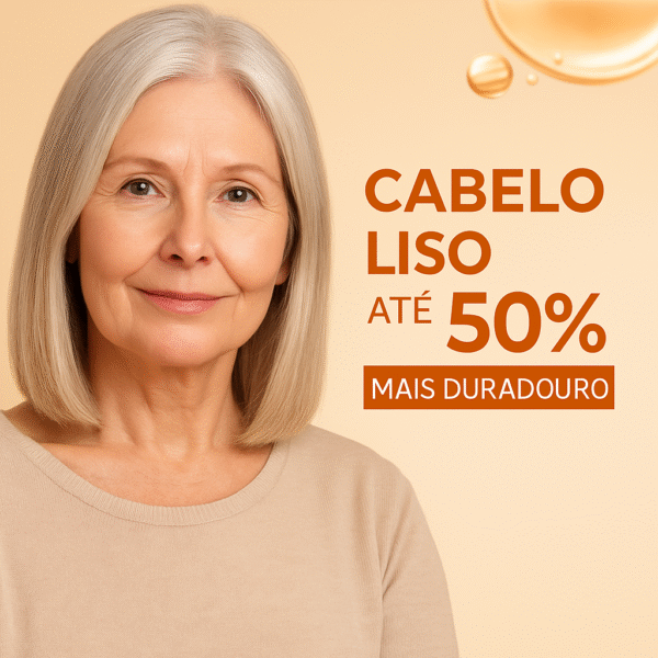 S05145674-Mulher madura cabelo liso – anúncio cuidado capilar Mulher madura com cabelo liso e natural ao lado de anúncio de cuidado capilar