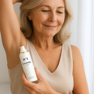 Mulher madura aplicando desodorizante Chanel Nº5 no braço, sensação de frescura e elegância