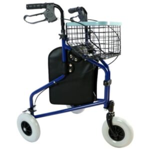 2001_Andarilho Reha Fund RF-611 com Cesto Integrado Andarilho triciclo Reha Fund RF-611 azul, com rodas bloqueáveis, cesto integrado e estrutura dobrável para apoio seguro a idosos com mobilidade reduzida.