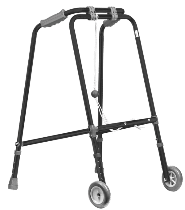 Andarilho dobrável Reha Fund RF-100 em alumínio, com duas rodas frontais e altura ajustável, indicado para idosos com mobilidade reduzida.