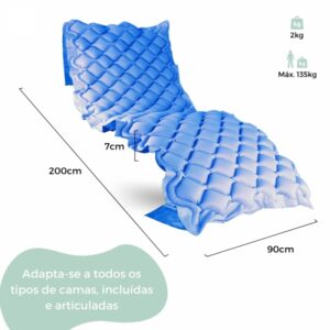 Colchão antiescaras de pressão alternada Mobiclinic azul com células de ar e dimensões ilustradas