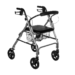2009-Andarilho Reha Fund RF-615 – 4 Rodas preta Andarilho de 4 rodas Reha Fund RF-615 na cor preta, dobrável, com assento almofadado, cesto portátil e punhos ajustáveis para idosos.