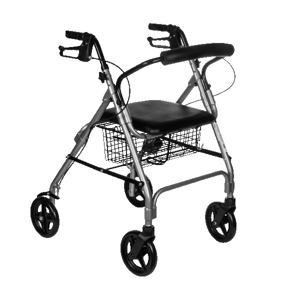 Andarilho de 4 rodas Reha Fund RF-615 na cor preta, dobrável, com assento almofadado, cesto portátil e punhos ajustáveis para idosos.