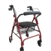 Andarilho de 4 rodas Reha Fund RF-615 na cor vermelha, dobrável, com assento almofadado, cesto portátil e punhos ajustáveis para idosos
