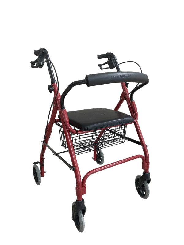 Andarilho de 4 rodas Reha Fund RF-615 na cor vermelha, dobrável, com assento almofadado, cesto portátil e punhos ajustáveis para idosos