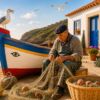 Puzzle Artesanal em Madeira – Aldeia de Pescadores Ilustração de aldeia piscatória portuguesa com barco de pesca, pescadores e casas tradicionais, para puzzle artesanal em madeira.
