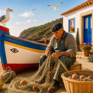 Ilustração de aldeia piscatória portuguesa com barco de pesca, pescadores e casas tradicionais, para puzzle artesanal em madeira.