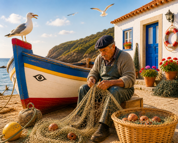 Puzzle Artesanal em Madeira – Aldeia de Pescadores Ilustração de aldeia piscatória portuguesa com barco de pesca, pescadores e casas tradicionais, para puzzle artesanal em madeira.