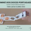 Dominó dos Doces Portugueses, jogo artesanal em madeira natural com peças ilustradas e capa verde Novoidoso.