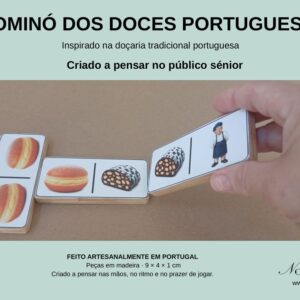 Dominó dos Doces Portugueses, jogo artesanal em madeira natural com peças ilustradas e capa verde Novoidoso.